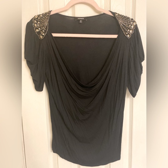 Express Tops - Express Black Jeweled shoulders short sleeve top Sz M-